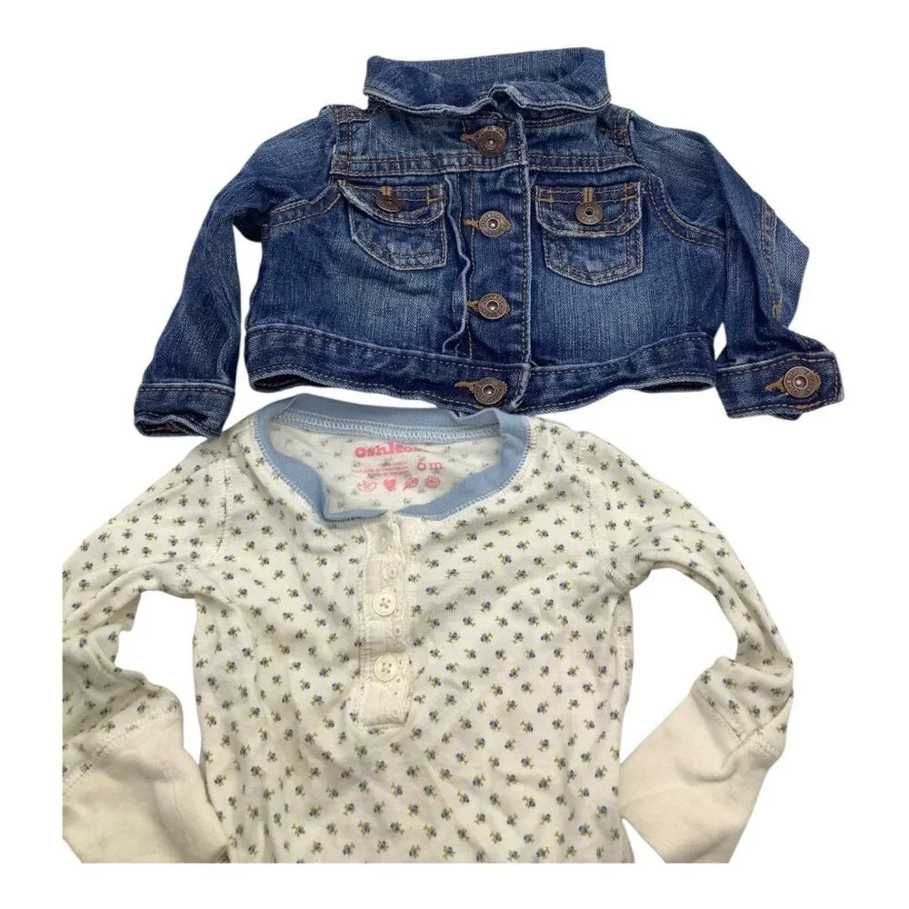 Lot of 2 OshKosh Baby Girl Size 6 Months Floral White Bodysuit Denim Blue Jacket